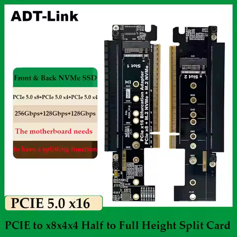 ADT-Link PCIE 5.0 x16 to x8x4x4 NVMe SSD Expansion Half height to Full height Split Card Supports Ge