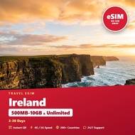 Ireland Travel eSIM 500MB-10GB & Unlimited 3-30 Days Prepaid Data SIM