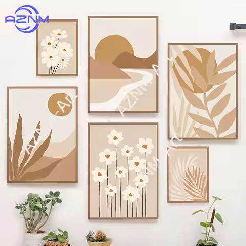 Bohemia Sun Lines Rainbow Leaf Flower Wall Art Canvas Painting Beige Posters and Prints Hotel Bar Pi
