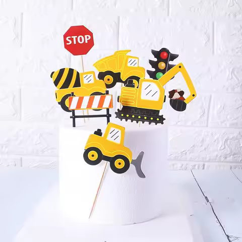 Cake Topper Excavator Bulldozer Truck DIY Cake Cupcake Toppers Boys Men Happy Birthday Party Traffic