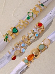 22-5pcs Vintage Elegant Metal Multi-Element Retro Coin, Colorful Cat Eye Stone, Turquoise, Resin Sna