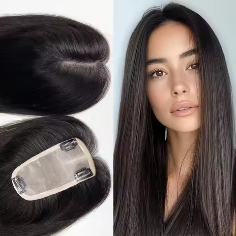 12inch 7x15cm Handtied Mono Base Straight Human Hair Clip in Toppers for Women Hair Loss Natural Loo