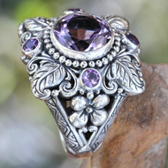Aquamarine ring engagement rings for women Luxury Amethyst Ring, European and American Retro Thai Silver Flower Ring
