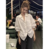 Women's Large Size Shirt Korean-style White Tight Waist Shirt
