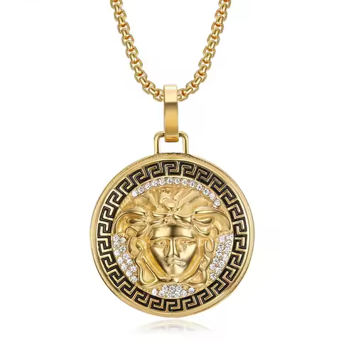 18k Gold Plated Hiphop Jewelry Stainless Steel Crystal Medusa Pendant Necklace for Men and Women