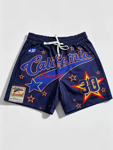 Men's California 30 Basketball Shorts, Navy Blue with Star Print & Courage Slogan, Breathable Street