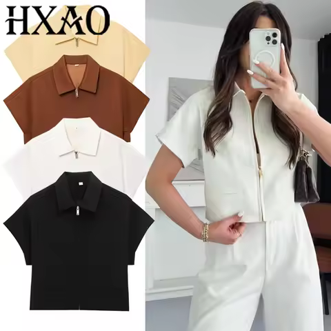 HXAO Women's Jackets New Outerwears Zip Up Solid Coats Cropped Jacket Short Sleeve Casual Black Jack