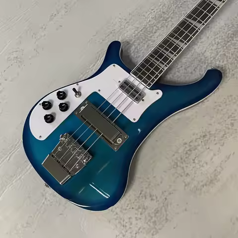 Blue 4-string bass, with a classic design, for the left hand to play.