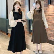Maternity dress 2025 autumn fashion patchwork faux two-piece maternity mid-length dress au