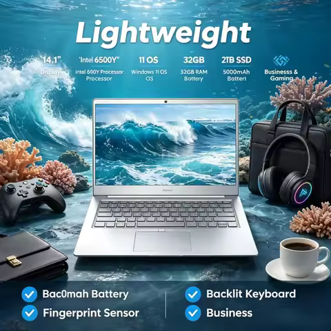 Lightweight 14.1" Laptop Intel 6500Y Win11 32GB RAM 2TB SSD 5000mAh Backlit Keyboard Fingerprint Bus