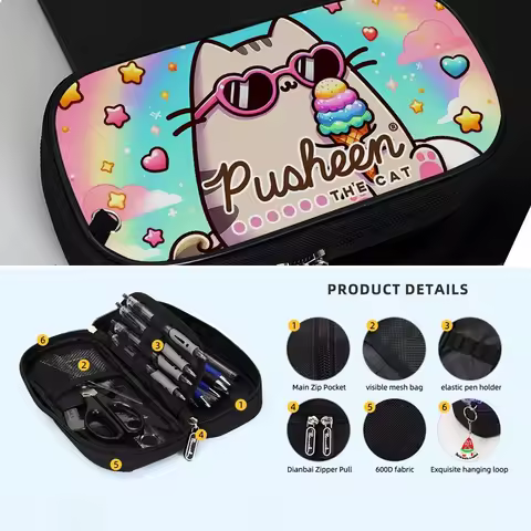 Pusheen Cat Pencil Case Kawaii Grey Cat Snowman Print Zipper Pouch Stationery Organizer Bag Pusheen 