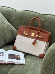 Hermes Birkin 35 金棕金扣馬鞍皮拼帆布