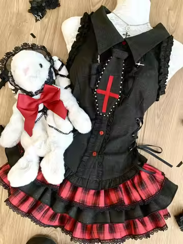 Japanese Dark Academia Gothic 2 Piece Set Women Slim Sleeveless Top + Plaid Cake Skirt New Vintage F