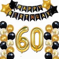60th Birthday Decoration for Men Women, Black Gold Happy Birthday Banner Balloons, Number 60 Foil Ba