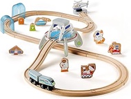 SainSmart Jr. Toddler Wooden Train Set, Wood Spaceship Station with Astronaut, Alien and Helicopter, Space Theme Tracks Fits Brio, Thomas, Melissa and Doug for 3+ Kids