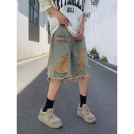 European American Five-point Shorts Washed Distressed Tassel Beggar Retro Jeans Ripped Trendy ins Hi