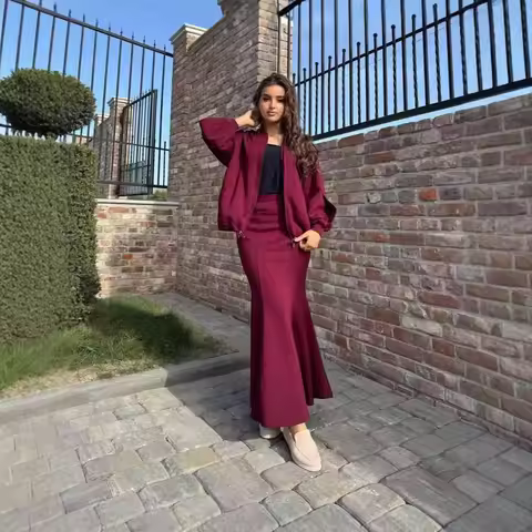 Fashion Muslim Sets Women's New Item Solid Color Cardigan Zipper Top+ Hip Hugging Long Skirt Suit Mu