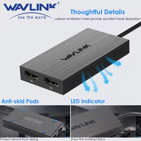 WAVLINK USB 3.1/USB C to Dual HDMI Adapter DisplayLink Dual 4K@60Hz Monitor Hub for Dell HP Surface 
