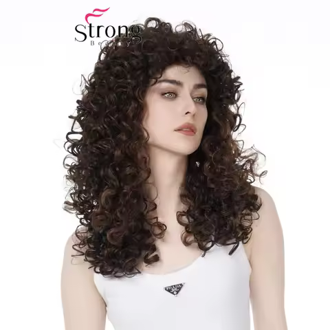 Strongbeauty Long Curly Wig for Women Brown with Highlights Curly Afro Full Synthetic Wig