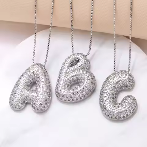 FLOLA Initial Bubble Letter Pendant Necklaces A-Z Alphabet Silver Color Zircon Necklace 26 Letters F