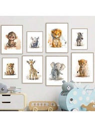 1入組畫布畫海報與印象派大象獅子長頸鹿動物斑馬育兒室牆藝術壁畫嬰兒兒童房家居裝飾繪畫(無框架)