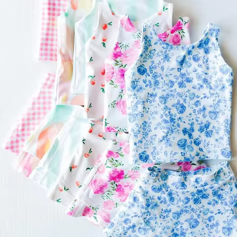 GSD0994 Wholesale Summer swimsuit clothes for girls Pink floral sleeveless culottes swimsuit boutiqu
