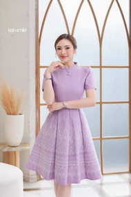 Kety Smile ชุดเดรสผ้าฝ้ายทอลาย คอจีน กระโปรง8ชิ้น งานอัดกาวทั้งชุด (S-5XL) N485