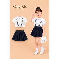 Thao Kis Set Pleated stone collar shirt with dark charcoal blue flared skirt for girls 25-35kg YD92