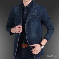 Blazer Denim Musim Bunga dan Musim Luruh untuk Lelaki Jaket Sut Retro Muda dan Pertengahan Umur Bers