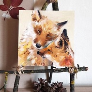 Original Cute family of foxes artwork hand painted Oil painting on Cardboard