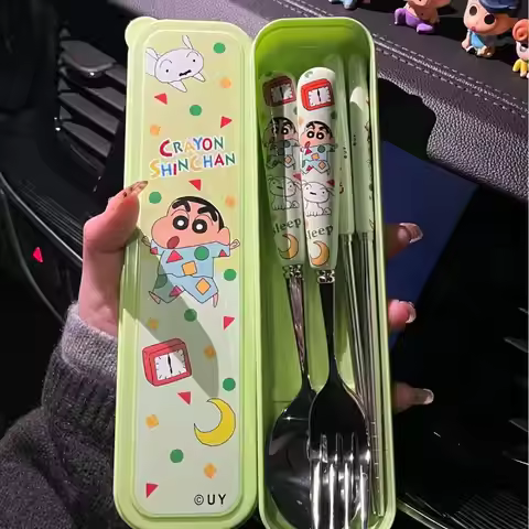 Official Licensed Shin Chan Spoon Fork Chopsticks Set Cute Portable High-Value Tableware for Student
