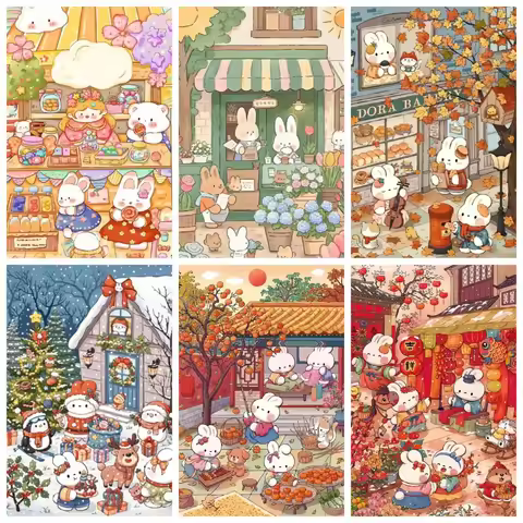 Acrylic Paint By Numbers White Rabbit Four Seasons Painting By Numbers on Canvas Coloring By Number 
