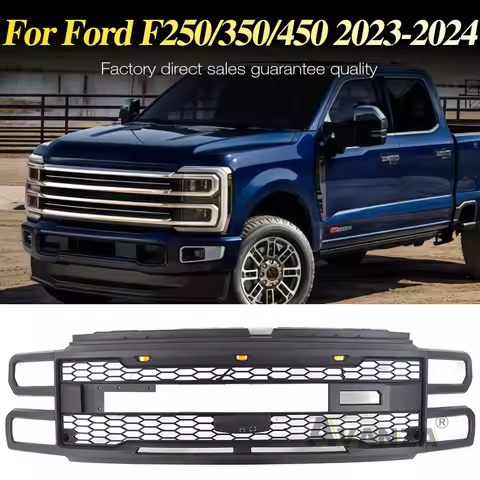Front Grille with light bar Matte Black Racing Grill Fits For 2023 2024 Ford F250 F350 F450 Super Du