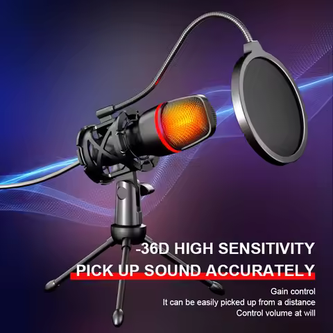 Professional Gaming USB Cardioid Condenser Microphone Kit with Tripod Stand RGB Lighting Shock Mount