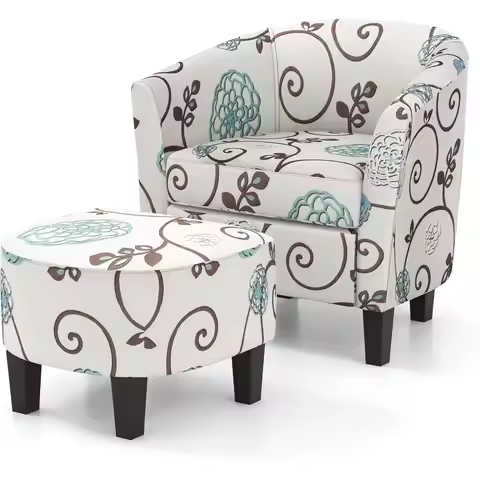 Small Accent Chair with Ottoman Set, Upholstered Barrel Chair with ootrest, ern Accent Armchair with