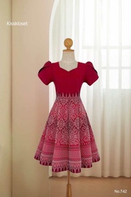 N742✨ ชุดเดรสผ้าทอลาย แขนกลีบบัว คอหัวใจ กระโปรงบาน 8 ชิ้น อัดกาวทั้ง