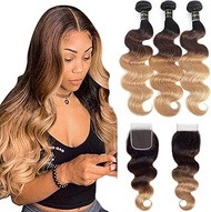 Shining Girl 12A Ombre Body Wave Bundles With Closure Brazilian Virgin Remy 100% Human Hair Ombre 3 