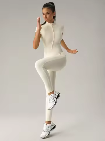 Women's Zipper Short Sleeve Yoga Jumpsuit, One Piece Gym Outfit, Gymshark Style Fitness Pants