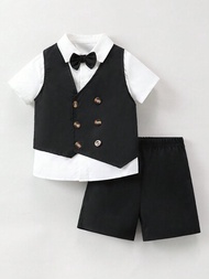 嬰兒男寶寶休閒紳士風雙排扣背心、短袖衬衫和短褲3件裝