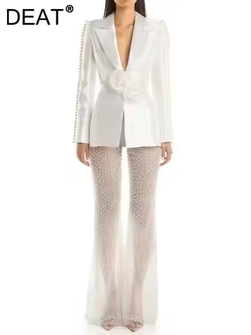 DEAT Fashion Women Blazer Notched Hollow Out Back Collar Long Sleeves 3D Flower Pearl Sequin Mesh Pa