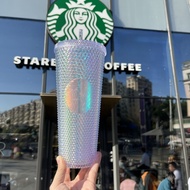 Limited Starbucks Tumbler Reusable Straw Cup Frosted Durian Series Diamond Studded Cup Silver Plaid ★ 【ulifestore】