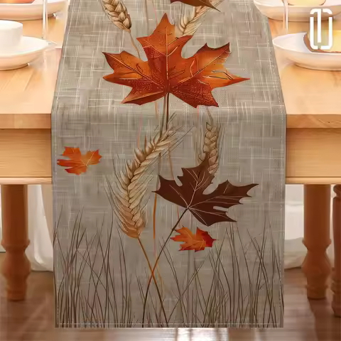 1 Piece of Autumnal Pastoral Table Runner, Featuring Maple Leaves, Wheat Ears, and Grass Stems, Suit