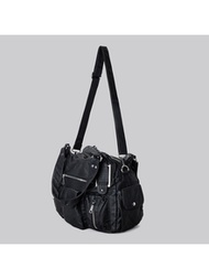 Spacious Women's Vintage Faux Leather Tote Bag - Chic Y2K-Inspired Multi-Pocket Crossbody With Detac