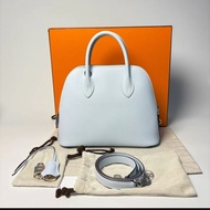 有購証💓 全新 hermes/愛馬仕 bolide25 霧霾藍銀扣 保齡球包貝殼包的鼻祖～內拼奶油白色  Z刻