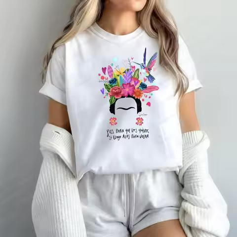 Floral Frida Kahlo Hummingbird and Heart Graphic Unisex Cotton T-Shirt Summer Fashion Casual Tees Gr