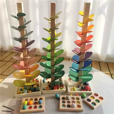 High Quality Rainbow Music Sounding Trees Wooden Petals Assembly and Marble Run Balls Tracking Kids 