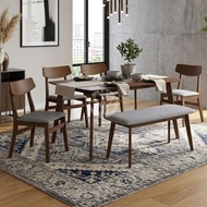 SMASIS HOME 1+4+1 Solid Wood Dining Table Set Marble Look Bench Cotton Chair Modern Dining Set