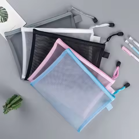 Mesh Zipper Pouch Clear Document Bag 1Pcs A4 A5 A6 Size Book File Folders Stationery Pencil Case Sto