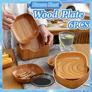 6Pcs Wood Grain Plate Set Plastic Square Snack Dessert Fruit Dish Dinnerware Tableware