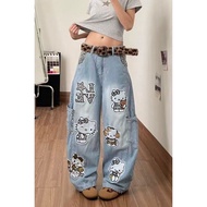 American Retro Cartoon Cat Jeans Women Summer Loose Pants